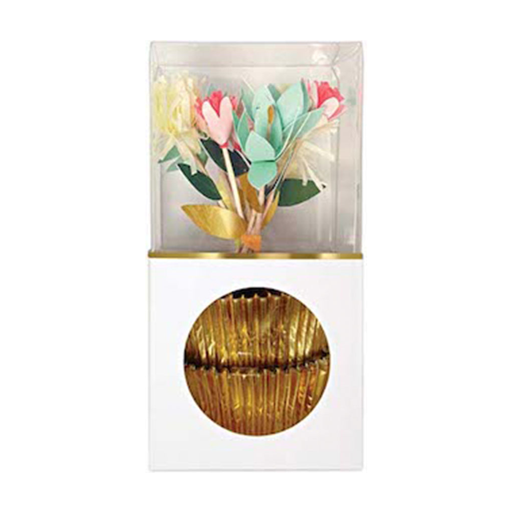 Meri Meri party supplies flower cupcake kit featuring gold foil cupcake cases and paper flower toppers.