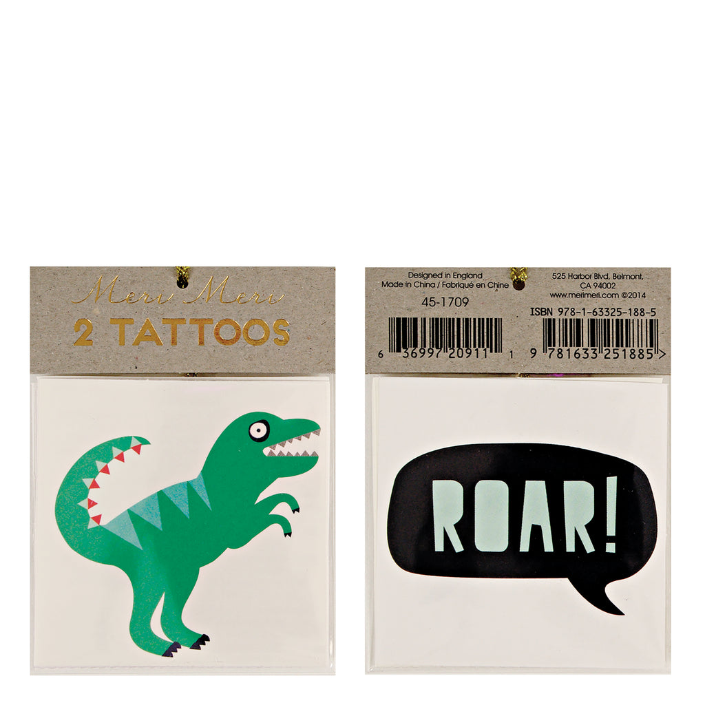Dinosaur Temporary Tattoo - featuring a T Rex dinosaur and the word "Roar" in a quotation bubble.