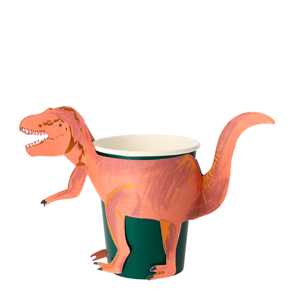 Meri Meri dinosaur t-rex party cups feature a dark green party cup with a fold out t-rex dinosaur sleeve in copper and brown colours.