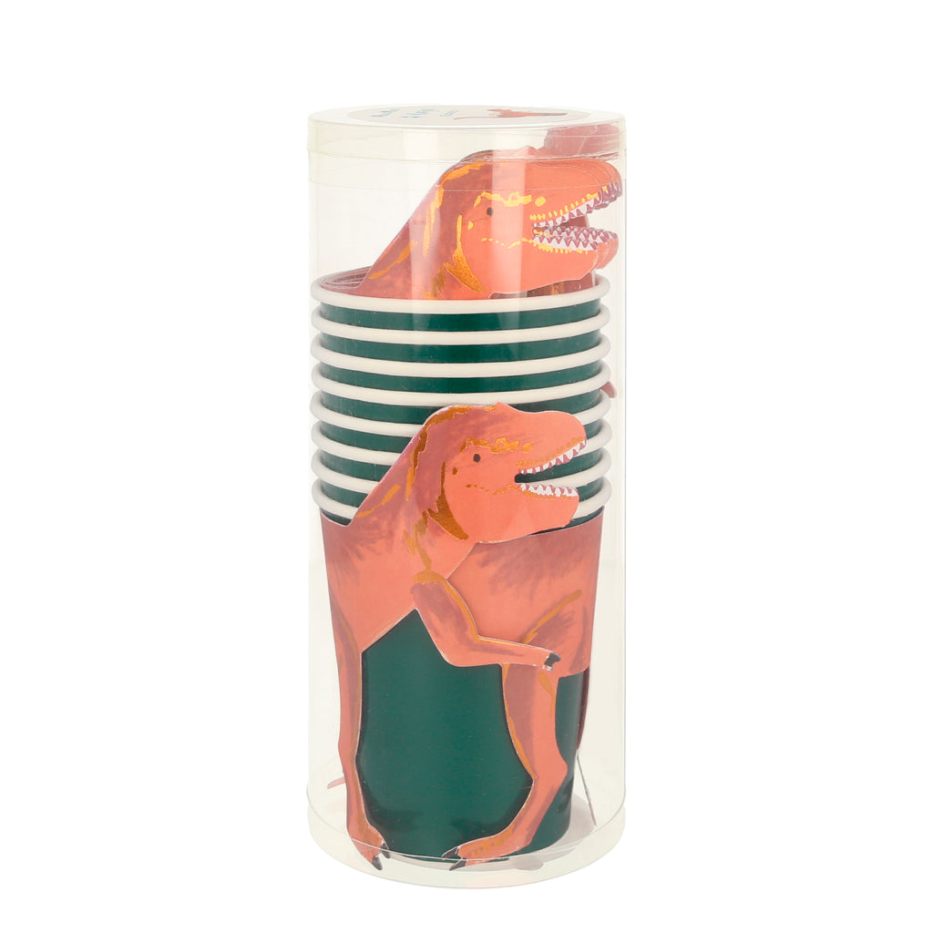 Meri Meri dinosaur t-rex party cups feature a dark green party cup with a fold out t-rex dinosaur sleeve in copper and brown colours.