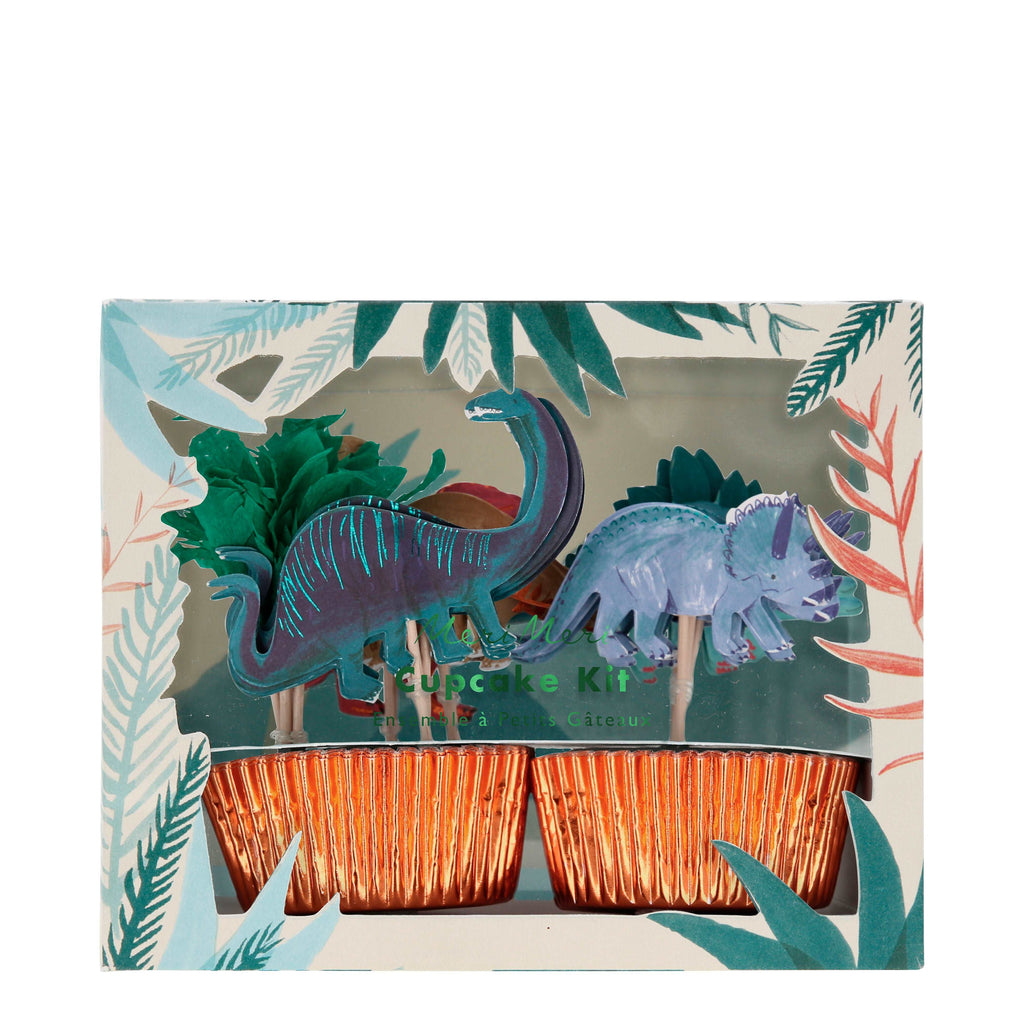 Meri Meri dinosaur cupcake kit with 24 cupcake cases and 24 dinosaur toppers.