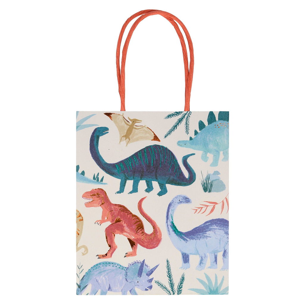 Meri Meri dinosaur party loot bag featuring dinosaurs in blue, green, cooper and dart green colours. Rafia handles.