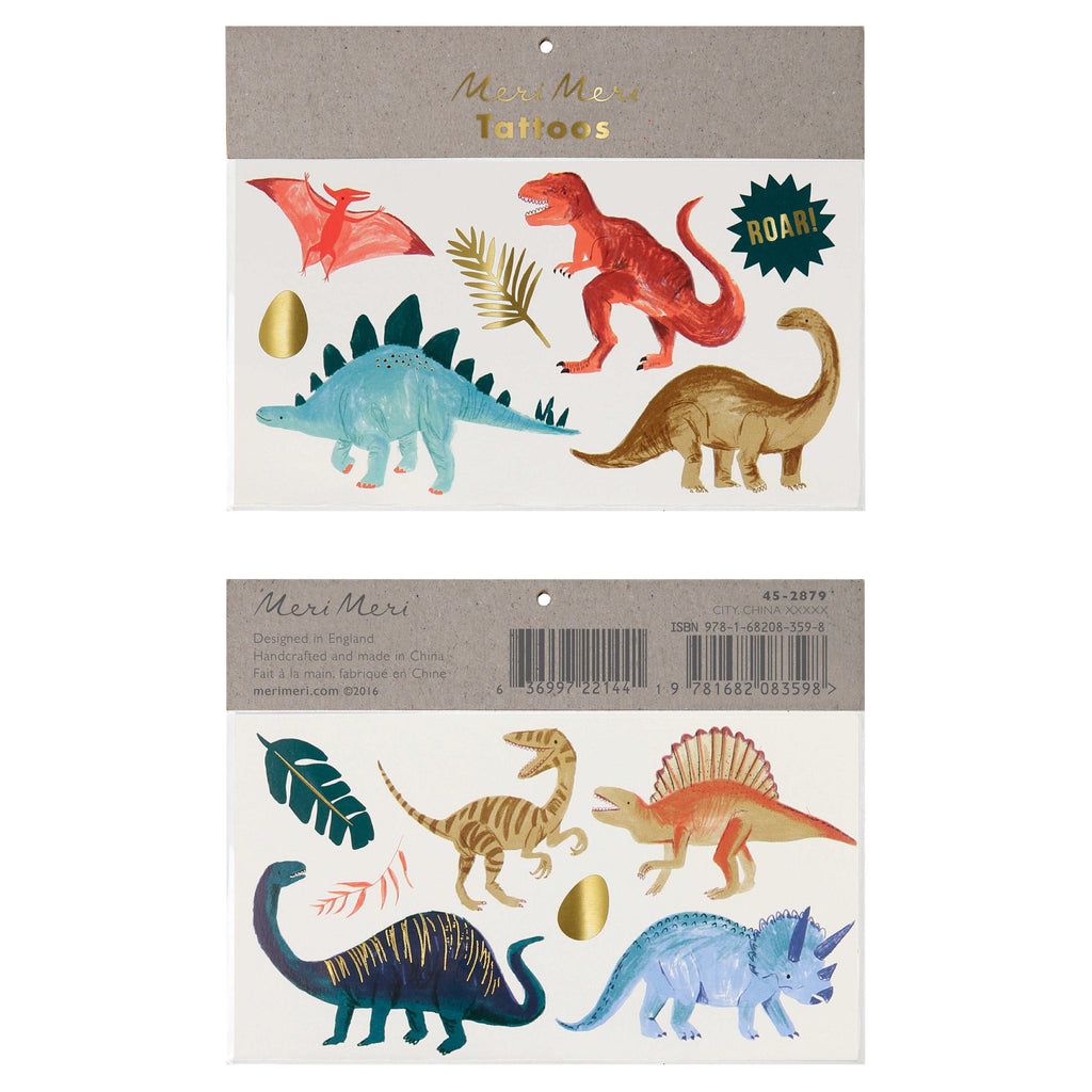 Dinosaur temporary tattoos are on 2 sheets - featuring different dinosaurs in blue, red , green and gold with 2 leaves and gold eggs.