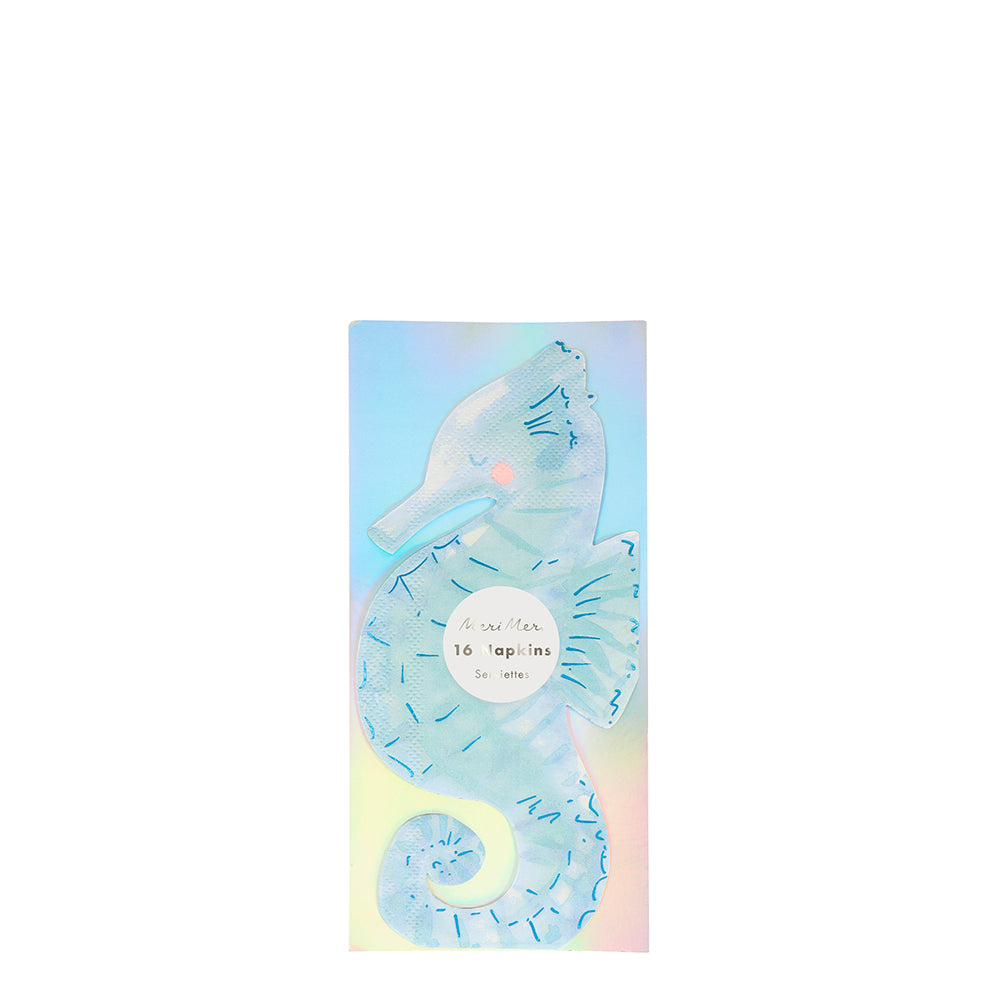 These napkins, in the shape of a beautiful seahorse, will look amazing at an under-the-sea or mermaid party. They are printed with ocean colours and brilliant shimmering blue foil detail. A really delightful touch for the party table.