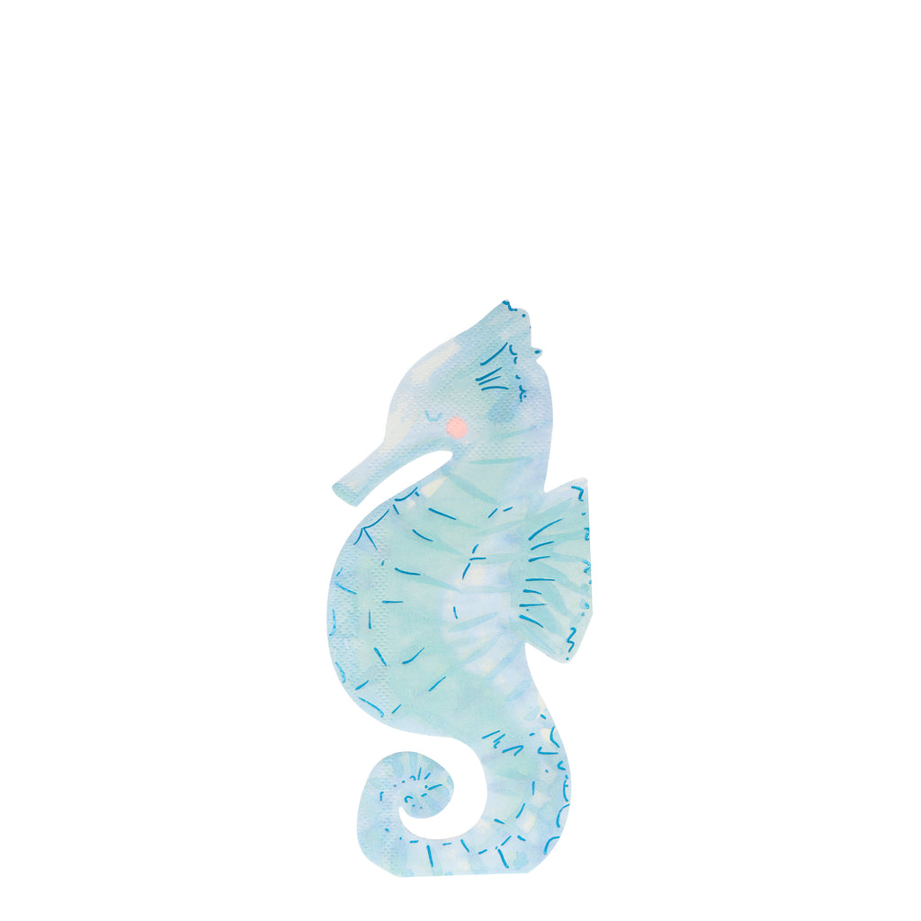 These napkins, in the shape of a beautiful seahorse, will look amazing at an under-the-sea or mermaid party. They are printed with ocean colours and brilliant shimmering blue foil detail. A really delightful touch for the party table.