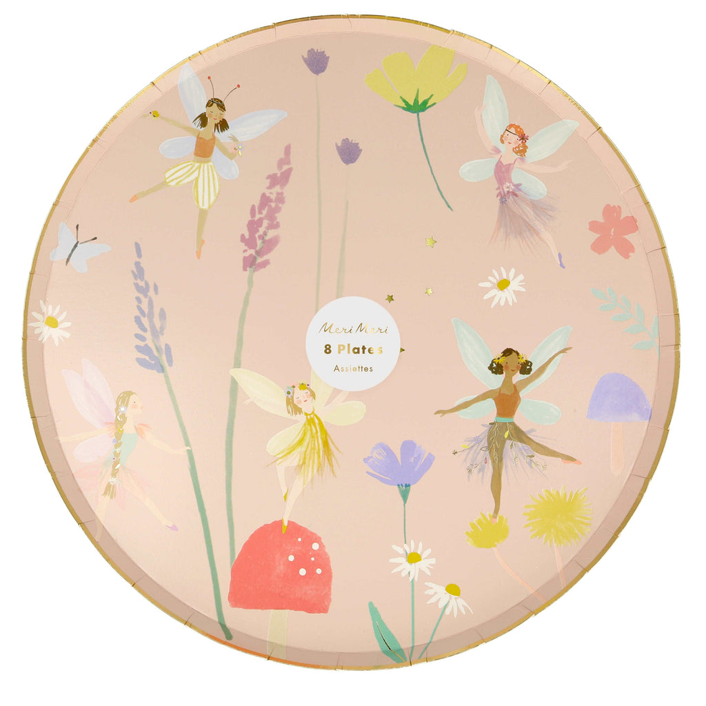 Meri Meri fairy paper plate with 5 fairies painted in watercolour dancing between flowers. There are small gold stars in the centre and the edge of the plate is gold foil.