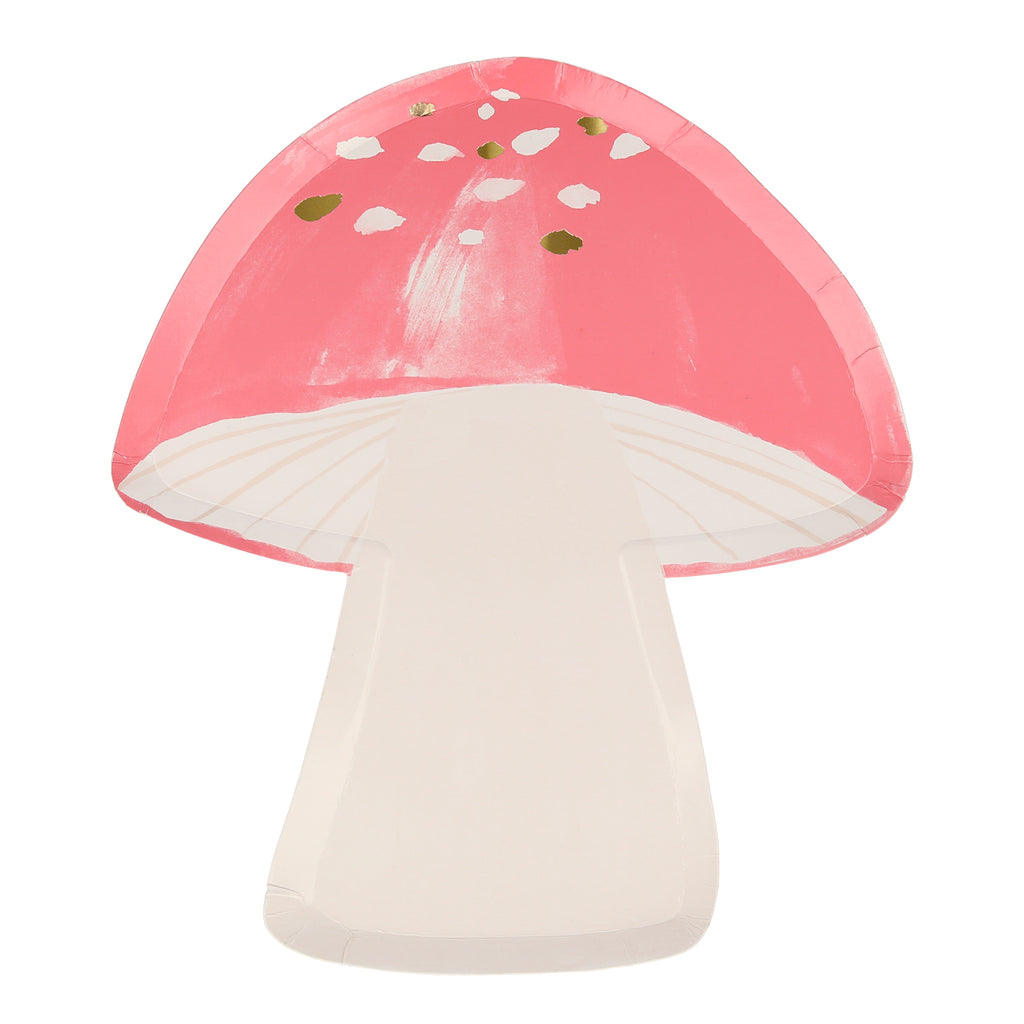 Paper plate in the shape of a toadstool with gold and white speckles on the pink cap of the toadstool with a white stem.
