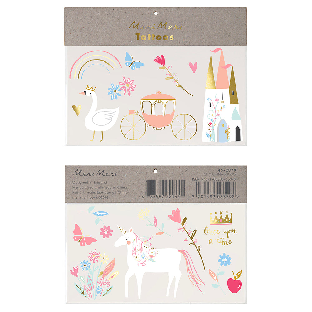 Meri Meri Princess temporary tattoos - unicorn, butterfly, carriage, swan, castle, crown, apple, flowers, rainbow - colours are pink, gold, white and pink