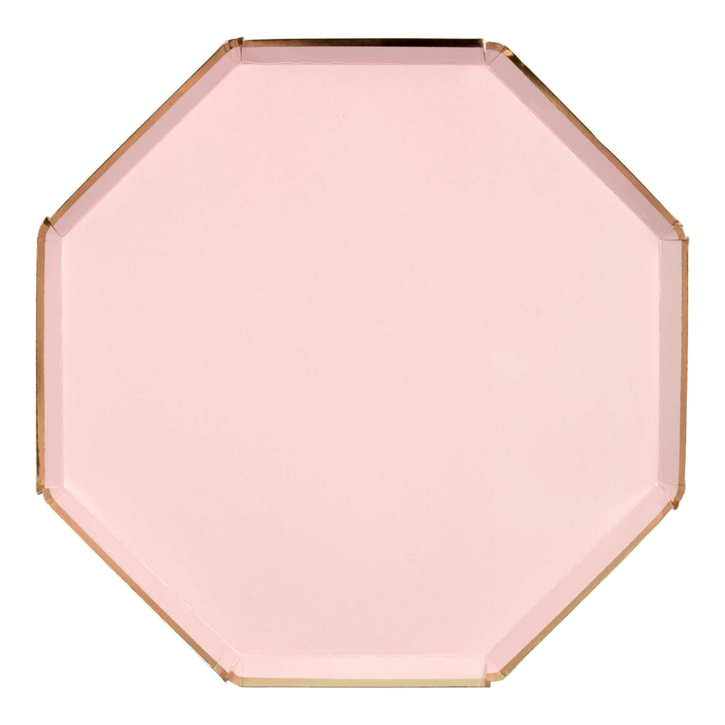 Octagonal pink paper plate with gold foil edge trim.
