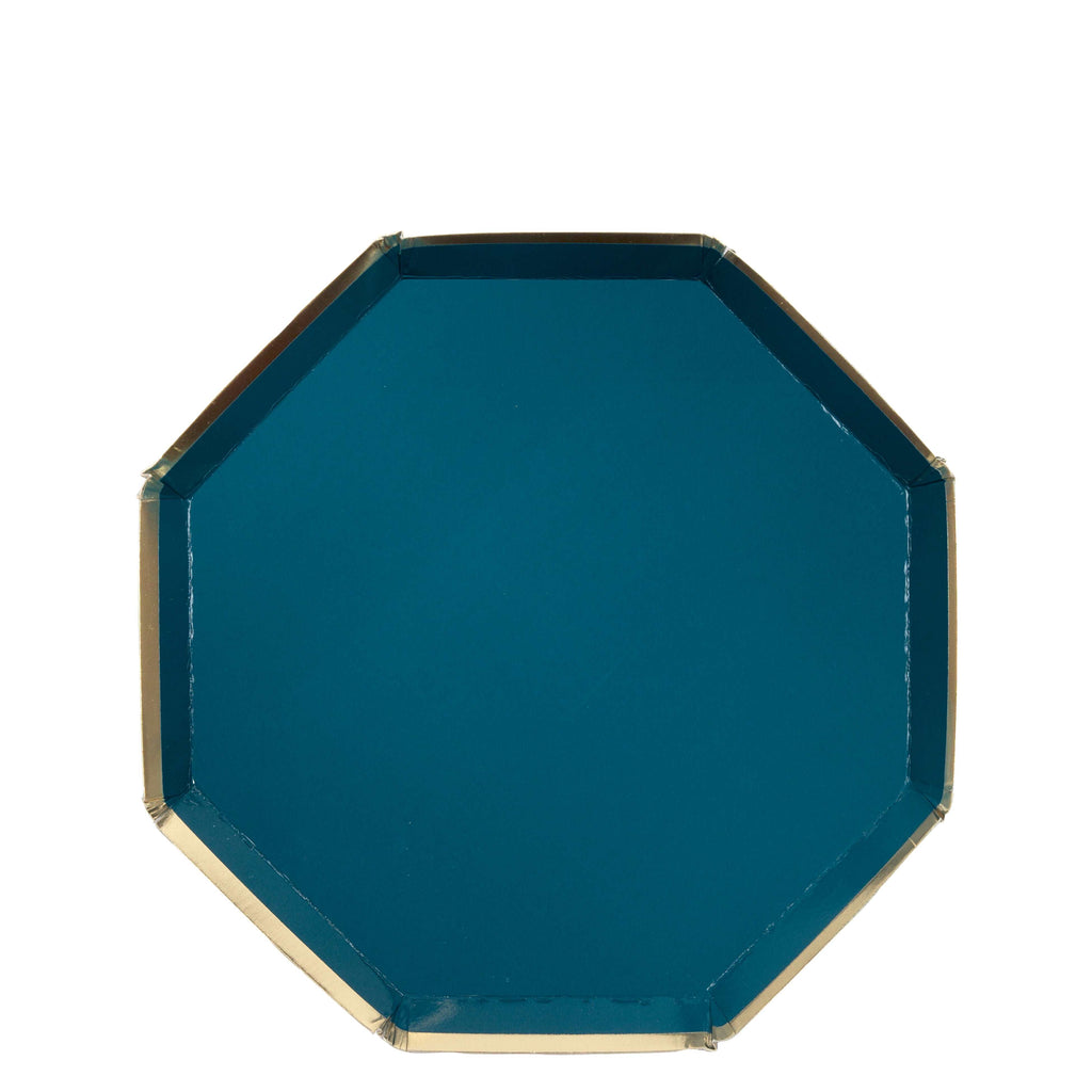 Dark teal side plate octagonal in shape with gold foil detail on the edges.