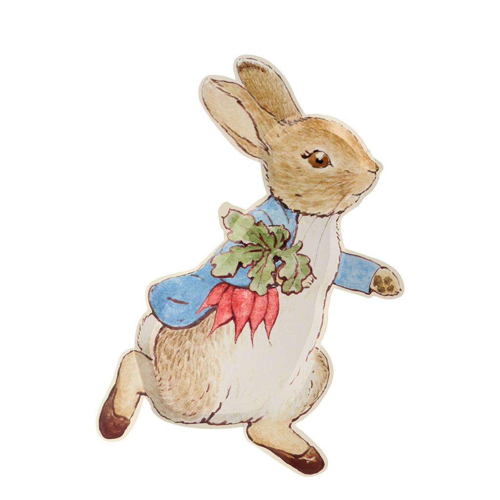 Meri Meri Peter Rabbit plate. Peter rabbit is holding a bunch of radishes and wearing a blue coat with little brown slippers.