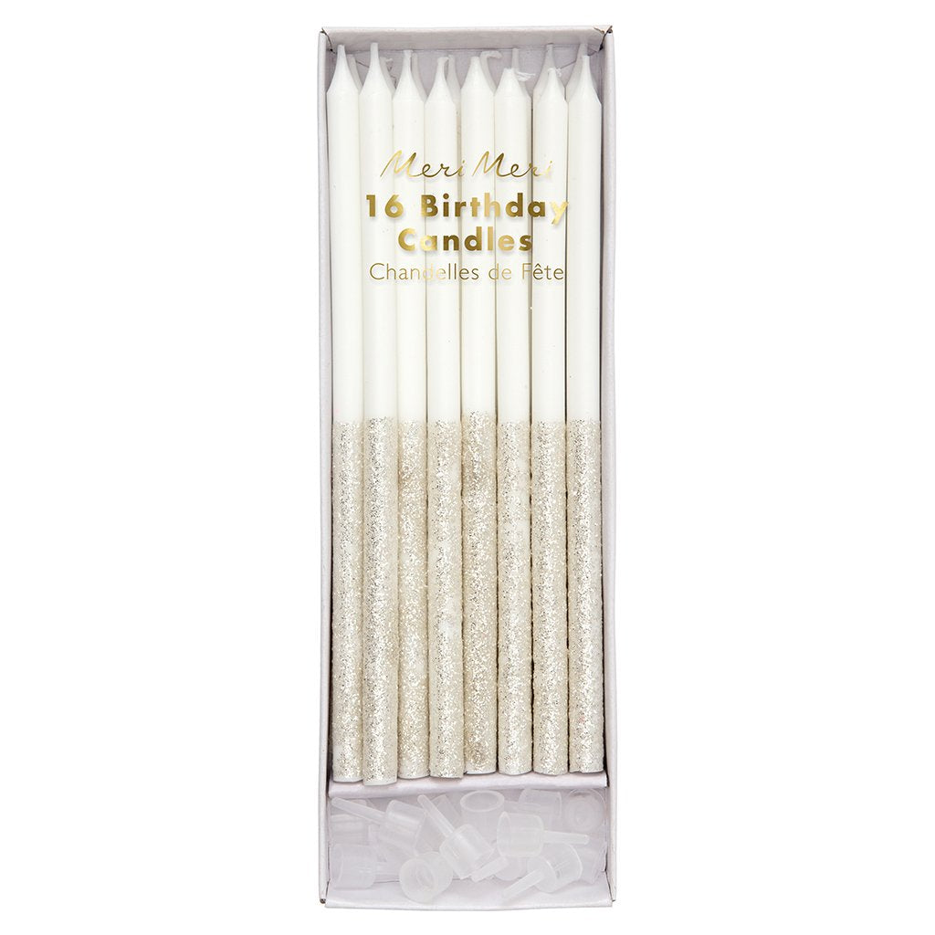 silver dipped glitter candle birthday candle meri meri